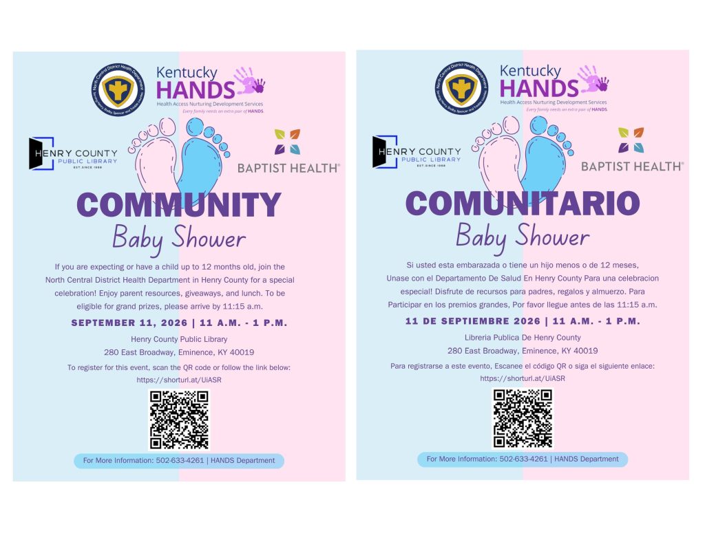 Bilingual pink-and-blue Community Baby Shower flyer with logos, baby footprints, event details, date, location, and QR code.